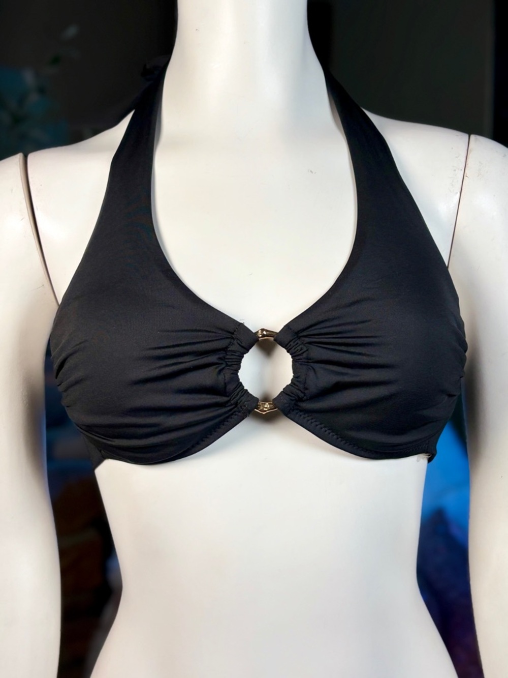 Heidi Klein Black Underwire Gold Metal Keyhole Halter Style Bikini Swim Top Sz S